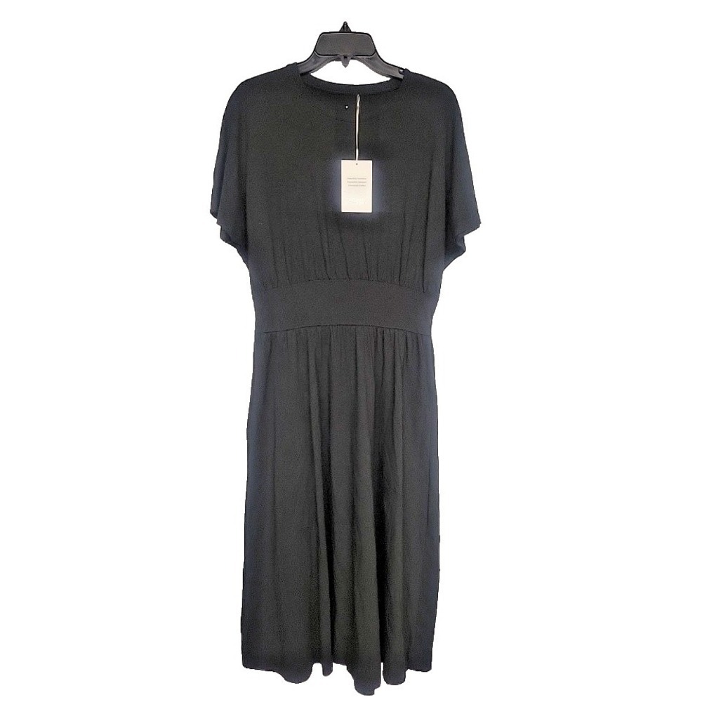 Everlane Size L The Organic Cotton Waisted Midi Short Sleeve Dress Black NWT
